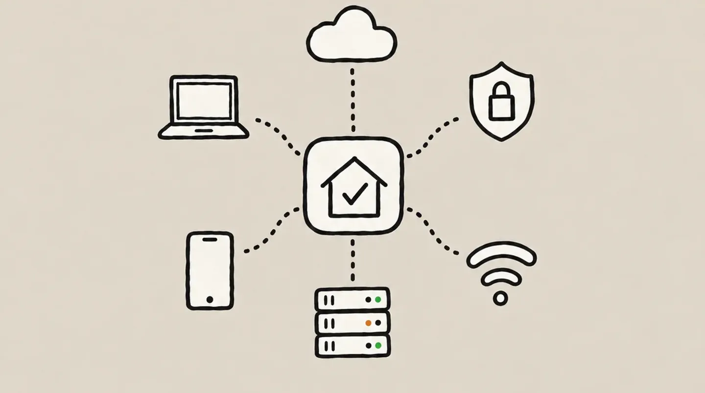 Hand-drawn illustration of an MSP at the centre of its clients' laptops, phones, servers, cloud, Wi-Fi and security