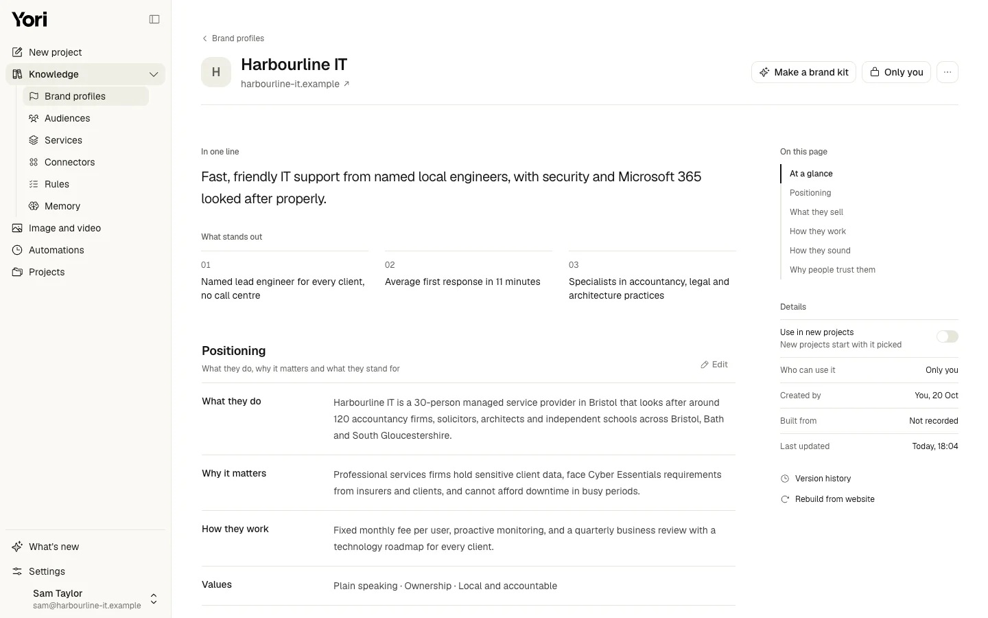 A Yori brand profile for an MSP, showing its one-line summary, what stands out and its positioning