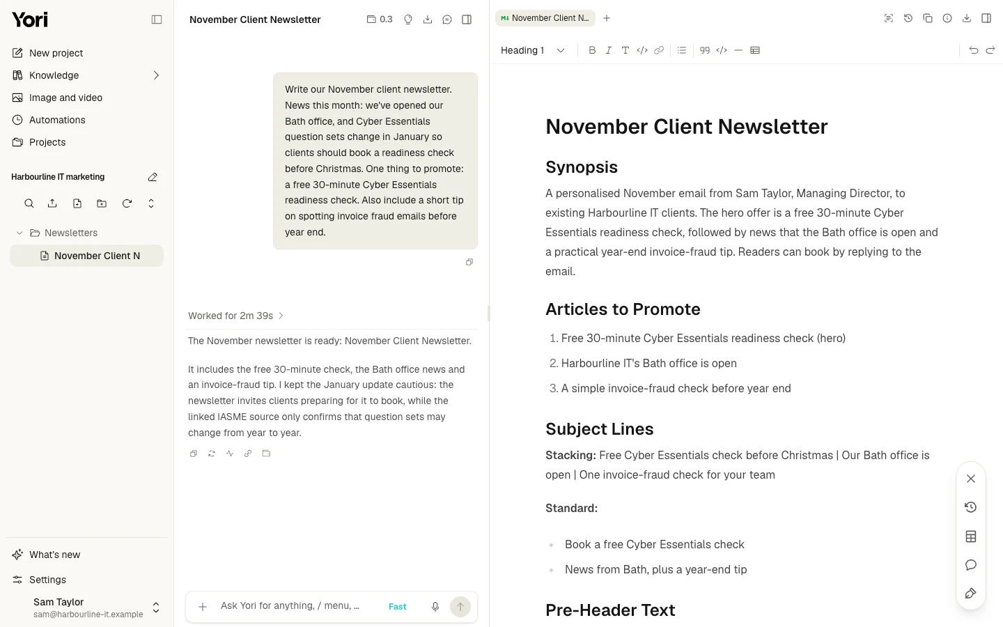 A November client newsletter draft open in Canvas next to the chat that wrote it