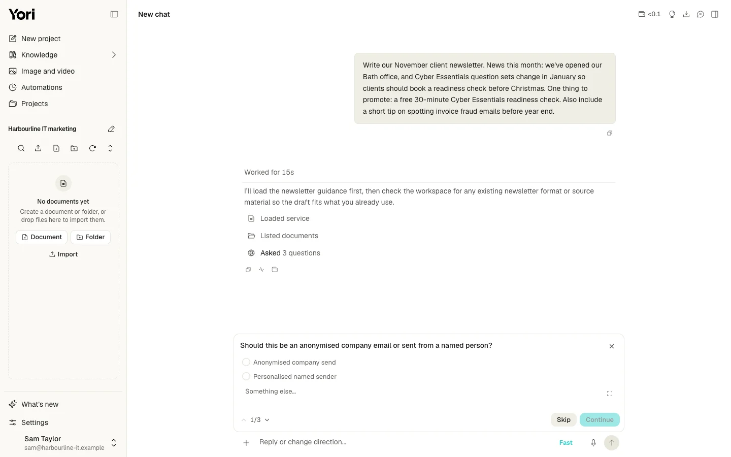 The Newsletter Service in Yori asking whether the email should come from the company or a named person